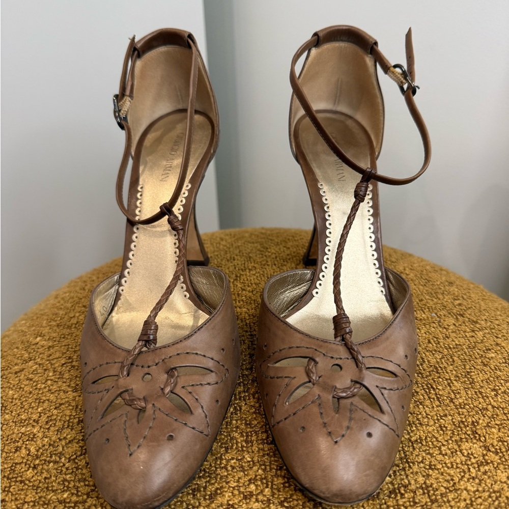 Giorgio Armani Tan T-Strap Heels